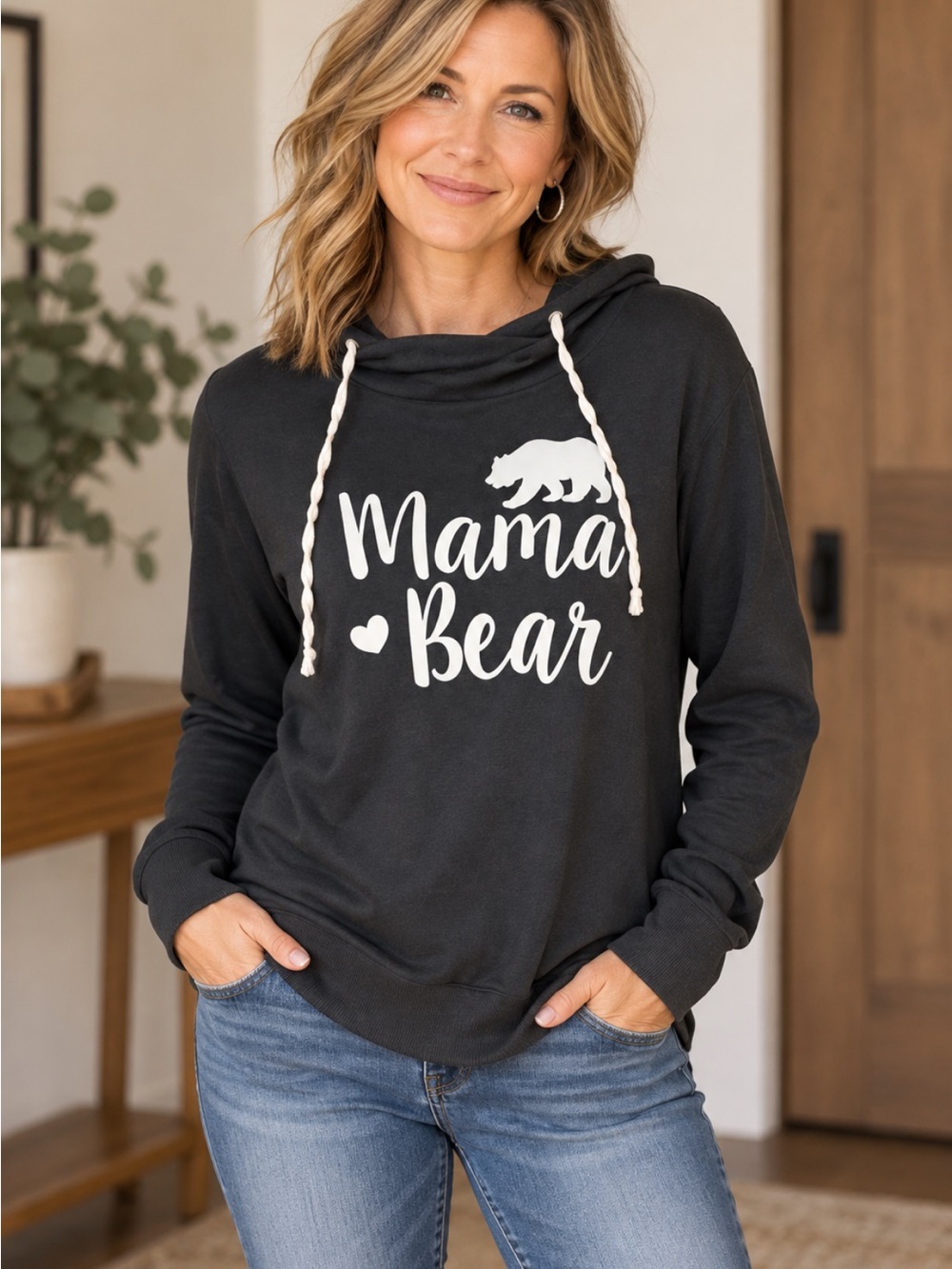 Forest Green Lightweight Hooded Pullover with “Mama Bear” theme